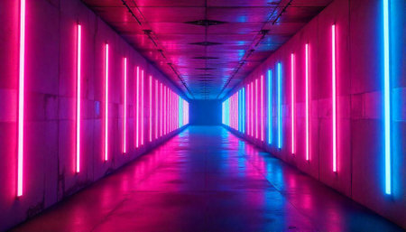 Neon lit concrete corridor with pink and blue lightsの写真素材