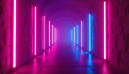 Illuminated corridor with neon lights and stone wallsの写真素材