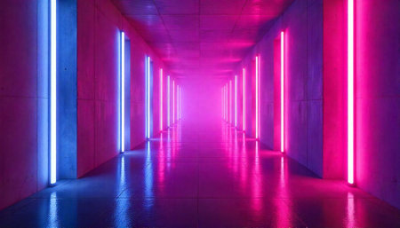 Neon lit concrete corridor in blue and magenta huesの写真素材