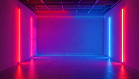 Empty room with neon lights forming a modern spaceの写真素材