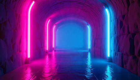 Neon illuminated tunnel background with pink and blue colorsの写真素材