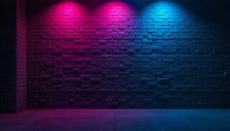 Neon lit brick wall with blue and pink gradientの写真素材