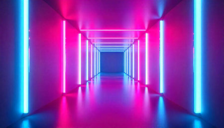 Illuminated neon hallway with vibrant purple and blue lightsの写真素材