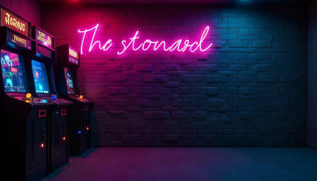 Retro arcade gaming room with neon sign and brick wall