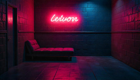 Moody room with neon lighting and daybed aesthetic
