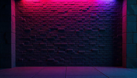 Neon lit brick wall with tiled floor and pillars