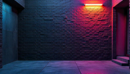 Moody alleyway with red and blue neon lightingの写真素材