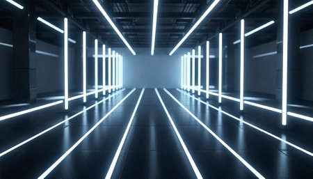 Neon-lit corridor with reflective floor disappearing into the distance