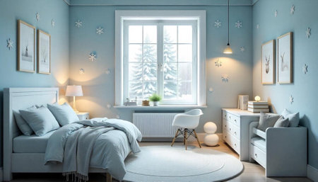 Winter bedroom interior with snowflakes and snowy window viewの写真素材