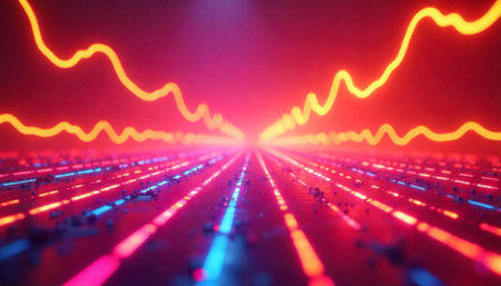 Abstract data lines with wave forms on a floorの写真素材