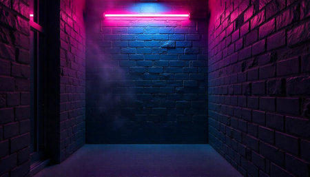 Urban alleyway illuminated by neon lights with brick walls
