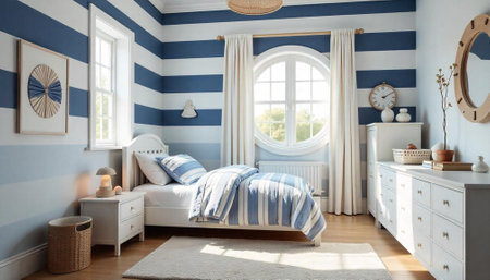 Nautical themed bedroom with striped walls and round windowの写真素材