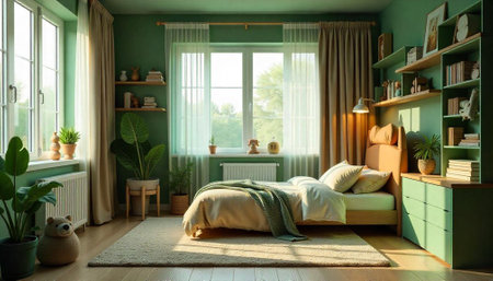 Cozy green bedroom interior with plants and soft lightの写真素材
