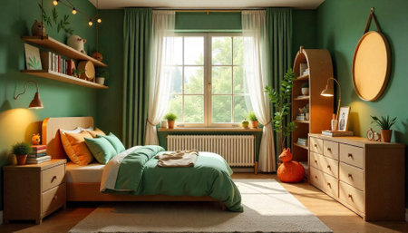 Green bedroom interior with natural light and wooden furnitureの写真素材