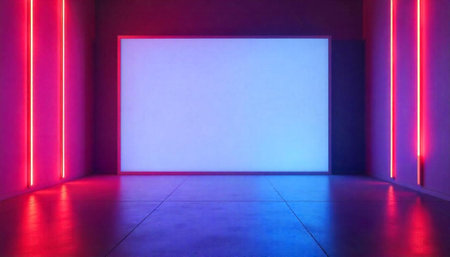 Empty stage illuminated by neon lights, geometric minimalist artの写真素材