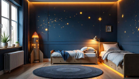 Cozy and imaginative children's bedroom at night with starsの写真素材