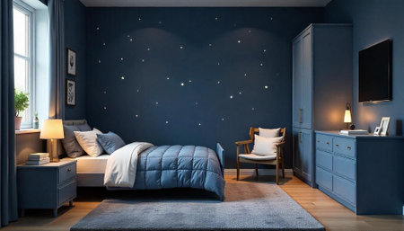 Serene blue bedroom with star accents and warm lightingの写真素材