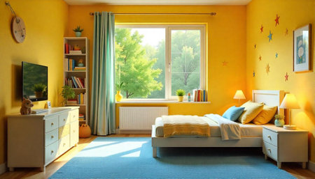 Bright yellow bedroom with white furniture and blue carpetの写真素材