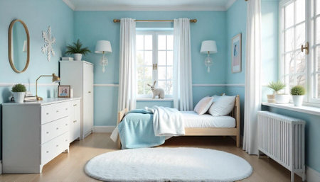 Bright child bedroom with furniture and natural lightの写真素材