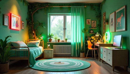 Interior design: green themed room with plants and natural lightの写真素材