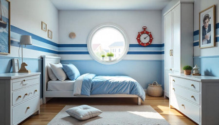 Coastal themed child's bedroom interior with nautical decorの写真素材