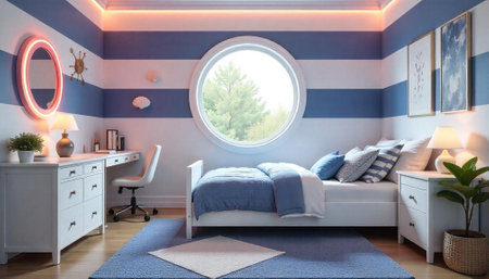 Nautical themed bedroom interior with blue and white stripesの写真素材