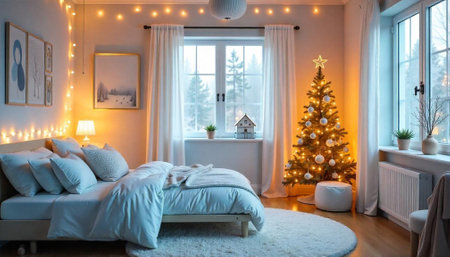 Cozy Christmas bedroom decorated for holiday season warmthの写真素材