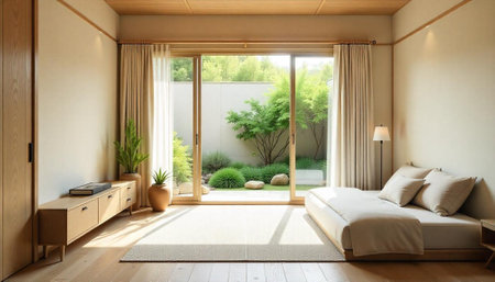 Zen interior design bedroom overlooking peaceful backyard gardenの写真素材