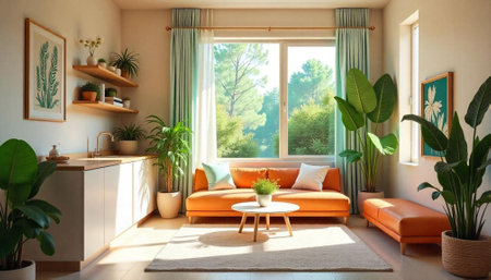 Bright Living Room Interior with Orange Sofa and Plantsの写真素材