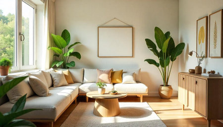 Bright airy living room with plants and neutral tonesの写真素材