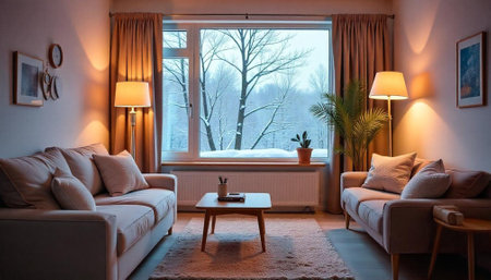 Cozy living room interior with winter view through window