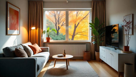 Cozy Living Room Interior with Autumn View Outside Windowの写真素材