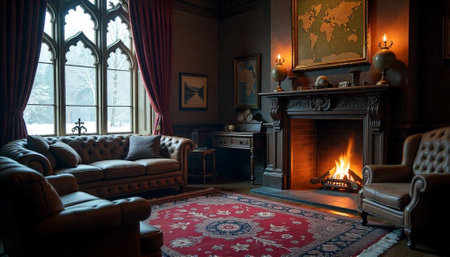 Cozy living room with fireplace and gothic window sceneの写真素材
