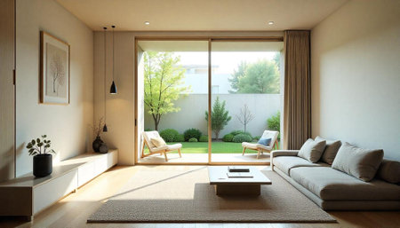 Minimalist living room interior with garden view and natural light