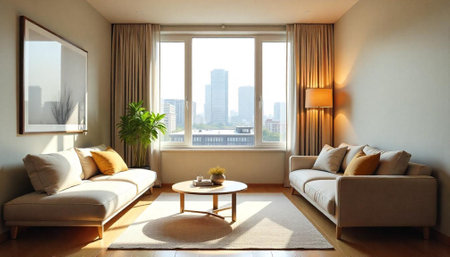 Serene living room interior with city view and sunlightの写真素材