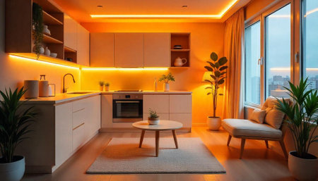 Modern apartment kitchen with warm lighting and cozy atmosphereの写真素材