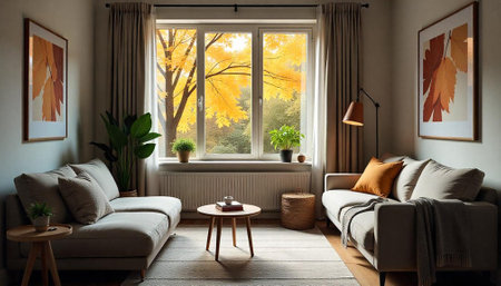 Cozy autumn living room with modern decor and natural lightの写真素材