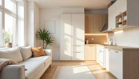 Bright modern living room and kitchen interior design
