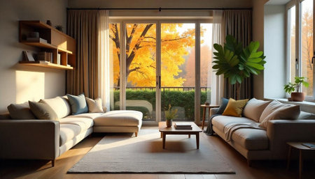 Modern living room interior with autumn view through windowの写真素材