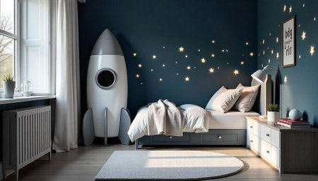 Charming children's bedroom with rocket ship and star accentsの写真素材