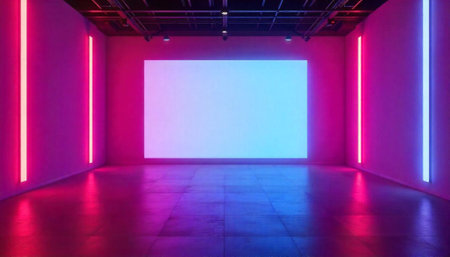 Abstract futuristic room with neon lights for product presentationの写真素材