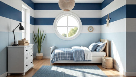 Nautical themed bedroom interior with blue and white stripesの写真素材