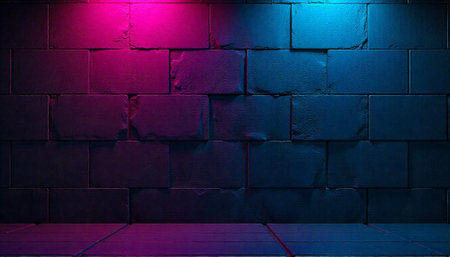 Abstract brick wall background illuminated with pink and blue lights
