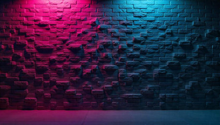 Brick wall illuminated with pink and blue neon lightsの写真素材