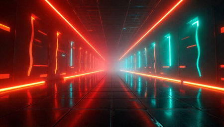 Neon lit corridor with futuristic and modern design elementsの写真素材