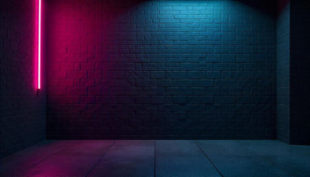 Abstract brick wall illuminated by neon lights of vibrant colorの写真素材