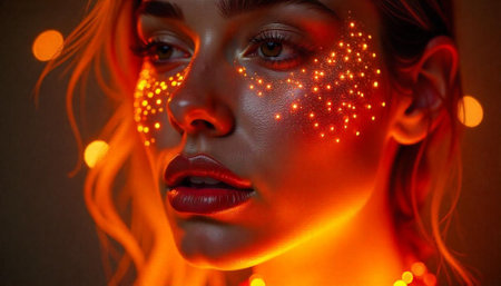 Glowing skin with magical orange sparkles in artistic portraitの写真素材