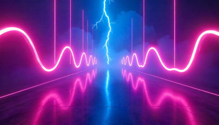Neon pathway with lightning backdrop in vibrant futuristic styleの写真素材
