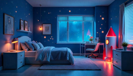 Cozy kid's bedroom at night with cosmic themeの写真素材