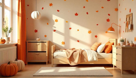 Autumn themed bedroom interior design with cozy atmosphere